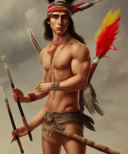 Guaicaipuro, native american god warrior, long black hair, big muscles, red feathers headdress, shirtless, holding a stone tip spear