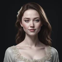 (young woman pale skin)), dark background, mid shot, full body, happy expression, looking down, ultra realistic, highres, superb, 8k wallpaper, extremely detailed, intricate, limited palette,