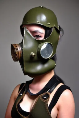 Steam-punk style gas-mask. Large fencing mask covers chin and cheeks. Hood. Reflective surface on face, full coverage, reflective. No eyes. Head full of integrated old-fashioned cameras and phone. Army green surfaces body, latex. Perfect body, thick thighs and calves. Asa Akira's body. Wide hip, skirt bleats nicely. Partly symmetrical. Straitjacket. Rusty and decayed background. Steam-plunge air-bottles. Euclidean 3D-tiling walls. 5th dimensional surface structures. Oppressive atmosphe