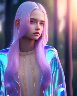 1girl, looking at viewer, (highly detailed), (realistic), reflections (transparent) iridescent opaque jacket, long transparent iridescent hair, bloom, depth of field, bokeh, cinematic lighting, dynamic pose, (full body), ((ultra realistic perfect face))