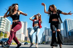 modern city wide street,pretty city scape at background ,blue sky , young beautiful ladies in pants and top ,hip-hop dancing