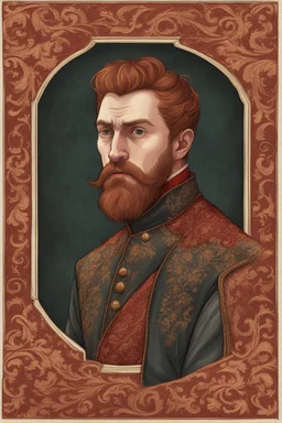 man, medieval, fighter, russian, croocked nose, czar, rich, simple clothes, short messy hair, thick beard, oligarch, brocade coat with fur, brocade clothes, pencil drawing,red hair, muscles, background frame, 20 years old, medival leather bootsspitz, gewand aus seide