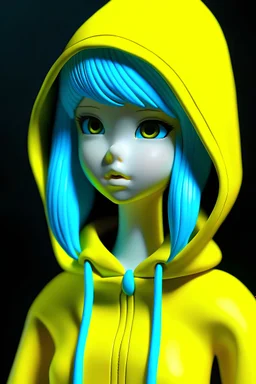 Full rubber Japanese anime style doll face rubber effect with a cyan hoodie and a long yellow skirt with rubber effect far away