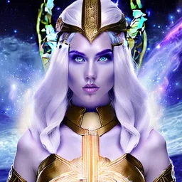 cosmic mage, elf, female, battle mage, epic, cosmic magic, long ears, white hair, face details, pale skin, jewellery, broad shoulders, sharp ears, cosmic clothes, cosmic eyes, ears shown, light out of eyes, the cosmos in eyes, stars in eyes, shining eyes, non human face, thin face, animation, detailed ears, magical eyes, non realistic, closed mouth