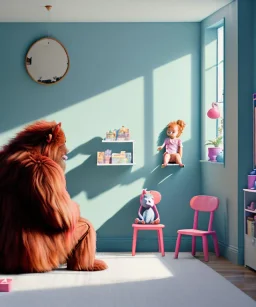 Realistic child room. sweet big furry monster sitting. girl from behind. Steven Spielberg style. Red hair, smile, happy, gradient color fog. highly detailed, concept art, unreal engine 5, ray tracing, RTX, lumen lighting, ultra detail, volumetric lighting, 3d, finely drawn, high definition, high resolution.