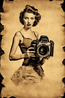 portrait of a woman with a camera, background old crumpled torn paper, pin-up style