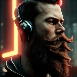 DJ cyborg bearded Christian Boshell with headphones. dystopian cyberpunk style similar to sin city, cinematic Fire theme art, Dark moody atmosphere, similar to a Michelangelo art direction, close-up face