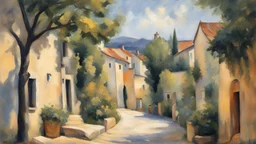 Style Cézanne, calm beauty, sunlight, French village, peaceful, beautiful composition, exquisite detail