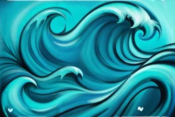 a background of a fun stylized waves with smooth black linework, blue teal tones, surf culture, kawaii cute