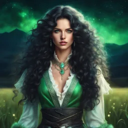 digital art portrait of a beautiful young fighter, pastel style, fantasy, long messy curly black hair, green eyes, wild, dressed in light-filled romantic outfit, ornaments, collar, standing on fields, night time, stars, realistic, sexy,