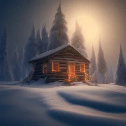 Mysterious christmas night, a small lonely hut, surreal atmosphere, cosmic backdrop, celestial ambience, soft lighting, very chilly appearance of the surroundings, unreal engine 5 volumetric lighting, intricate details, realistic style, 8k resolution