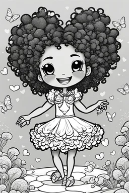 create a coloring page of a chibi crab with a curly afro ponytails dancing around hearts and butterflies. she smiles while shes playing , black and white