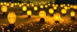 A yellow field with glowing lanterns painted by Zosan