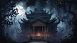 A digital painting with intricate patterns and textures depicting smoke climbing a temple of dark vines, where shadows dance in the moonlight