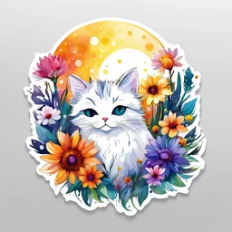cats, paint spots, splashes of watercolor, white background, ragged edges, flowers, light, sun, white tone, sticker, 2d cute, fantasy, dreamy, vector illustration, 2d flat, centered, by Tim Burton, professional, sleek, modern, minimalist, graphic, line art, vector graphics