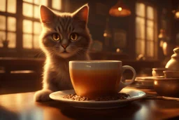 cute fluffy cat in a coffeehouse in sunshine steaming coffee in china cup, a slice of chocolate cake on a china plate Weight:1 detailed matte painting, deep color, fantastical, intricate detail, splash screen, complementary colors, fantasy concept art, 8k resolution trending on Artstation Unreal Engine 5 Weight:0.9