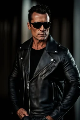 Handsome and muscular 40 year old Biker wearing a leather jacket and dark sunglasses standing with his arms folded