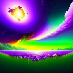 a beautiful clear sky violently exploding and raining dirty colors of purple, green, and brown, surreal, dreamlike