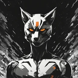 Foxman, comic style artwork, dark black, white and Orange, calm