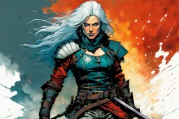 create an imaginative full body print illustration of an ethereal, otherworldly , ghost haired, female grandmaster Witcher in a tattered battle worn leather brigandine and boots , in the comic book art style of Bill Sienkiewicz, Mike Mignola, and Jean Giraud Moebius, with highly detailed feminine facial features , finely drawn, colored and inked,