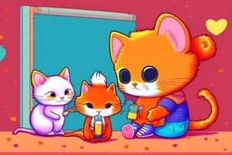 a fluffy orange kitten makes friends with a cute gray mouse on Valentine's day, happy vibe studio lighting fantastic view colourful very cute Lisa Frank richard scarry