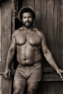 1970's close up photography of a burly overweight muscular brazilian farmer 44 years old, sweat, short curly hair, short beard, manly chest, tattoo, hand on the fap, shirtless with dirty shorts, on the door of a large barn, under the sun