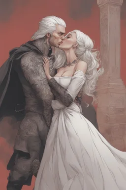 Strahd Von Zarovich being kissed on the mouth by a beautiful woman with white hair, wearing an off the shoulder dress. Settling and background are a lavish toomb with an ebony coffin.