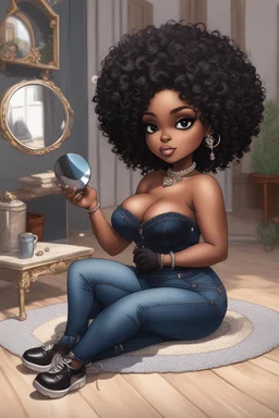 Create a furturism magna art of a black chibi curvy female sitting on the floor looking at herself in a hand mirror. She is wearing tight blue jeans and a black off the shoulder blouse. Prominent make up with lush lashes. Highly detailed tight curly afro. She is also wearing silver large hoop earringsart of a black chibi curvy female sitting on the floor looking at her cell phone. She is wearing tight blue jeans and a black off the shoulder blouse. Prominent make up with lush lashes.