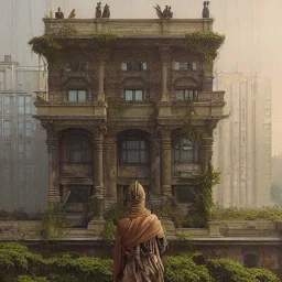 Depiction on the building and statues, highly detailed depiction, overgrown, building, old, 3d, concept art portrait by Greg Rutkowski