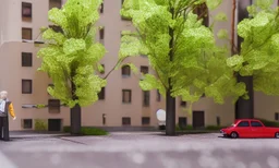 detailed miniature diorama a soviet residential building, brutalism architecture, car parking nearby, elderly man passing by, sunny day, warm and joyful atmosphere, summer, streetlamps, several birches nearby