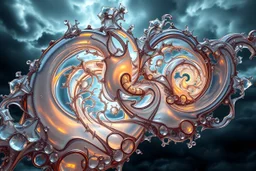 Dynamic complex hypnotic fractal 3D with horizontal Symmetry structures twisting and morphing between organic and geometric forms, smooth translucent iridescent glass with inner glow and bubbles, varied transparent materials, stormy skies, intense dramatic