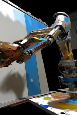 A slender, flexible robotic arm paints an oil painting. The overall background of future technology is prominent