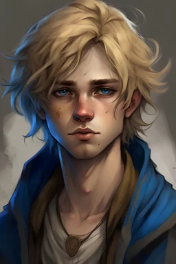 Young male, dirty blonde scruffy hair, blue eyes, worn clothes, fantasy drawing.