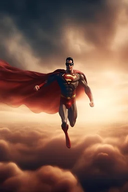 retrato realista del cuerpo de un superheroe en el centro de la imagen volando entre las nubes en un atardecer