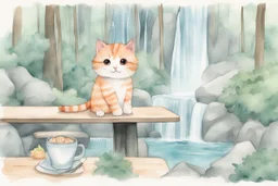 cute chibi cat in a restaurant double exposure waterfall in the forest watercolor and ink