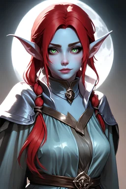 Realistic DND cleric Moon elf with red hair, green eyes, pale blue skin, and silvery garments