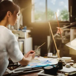 Close up of Beautiful female artist painting a self portrait in her attic studio, dramatic light, shadows