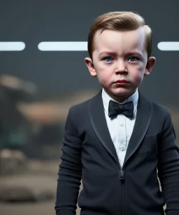 James bond toddler, full body, gun, car, dramatic lighting, hyper realistic