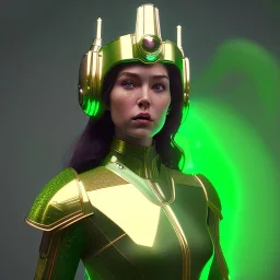 woman, irish, green, heavily made up face, round helmet, decorative color feathers, retro futuristic, latex coat, soft color, highly detailed, art stations, concept art, smooth, unreal engine 5, god rays, ray tracing, RTX, lumen lighting, ultra detail, volumetric lighting, 3d, finely drawn, high definition, high resolution.