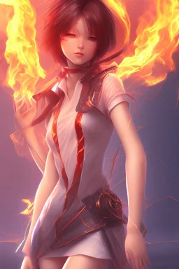 3d misterious Anime girl close and personal in fire background