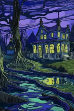 A purple haunted house filled with ghosts near a swamp painted by Vincent van Gogh