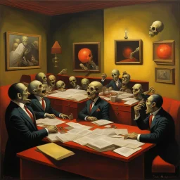 office party hijinks, diagonal composition, unbalanced, surreal horror, warm colors, By Dan Mahurin and Dan Seagrave and Boris Groh, creepy, eerie, scary warm colors, opulent shadows, expressionism, oil painting, by Gustav Dore and Victor Pasmore