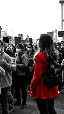 People going on strike with hand’s fest up and wearing masks all picture is in black and white style except a one beautiful girl in red is standing watching the crowd