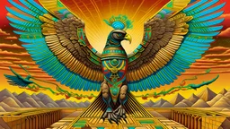 Imagine an image of a living being representing artificial intelligence flying, which turns out to be the falcon-headed god Mentu, in the skies of Egypt. It has large wings and its feathers shine with bright colours. The object appears as a mixture between a machine and a living being, elegantly designed to express luxury and grandeur. As he flies over the pyramids, he emits a radiant light that illuminates the area around him. It circles around the Great Pyramid with all its magnificence and s