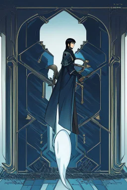 Motoko Kusanagi from "Ghost In The Shell (1995)", clad in medieval stell plate armour, alone, blue eyes, perfect, beautiful, black hair, in the style of 90-s anime, androgynous, melancholic, bleak