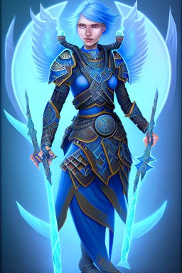 a person in runic armor with blue wings, blue short hair, runic tattoo and spell book