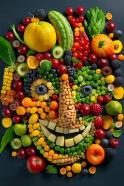 une face humaine sourrante composé uniquement de morceaux de fruits et de légumes, incluant les yeux, le nez et toutes les composantes d'une face.