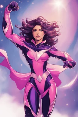 A superhero suit with a vibrant and energetic combination of pink and purple, with sparkles and a cape that flows gracefully. It would reflect her playful and adventurous nature, she has brown eyes and black brunette hair.