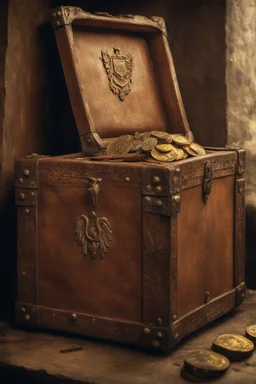 in the BASEMENT there is an old, broken brown oblong leather chest with short handles, with a hole on the side, gold coins from the time of Catherine the Great fall out of it. The ancient coat of arms of tsarist Russia, the double-headed eagle, is BARELY VISIBLE on the bag. All in high quality 8K