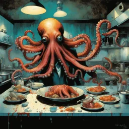 Surreal Octopus short order cook in a greasy spoon dined kitchen, by Dave McKean, by tim white, by Aaron Brooks, modern comic book art, maximalist, palpable textures, distressing hues, McKean's distinctive visceral style, detailed line work, rich sharp colors.